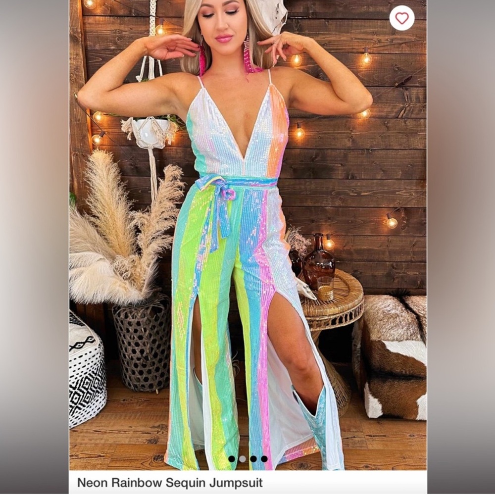 Southern fried chics Neon Rainbow Sequin Jumpsuit